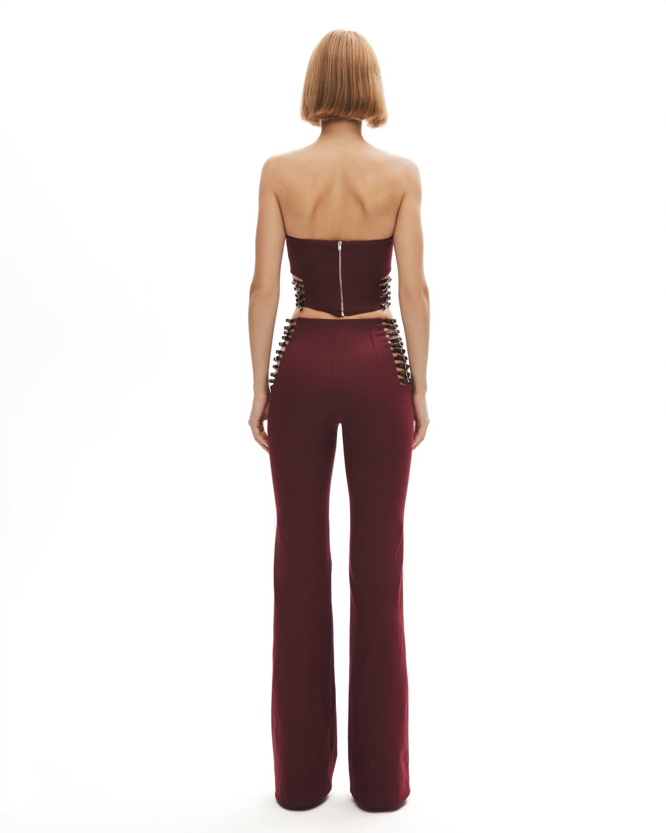 Bordo straplez yaka suni kemer detaylı top