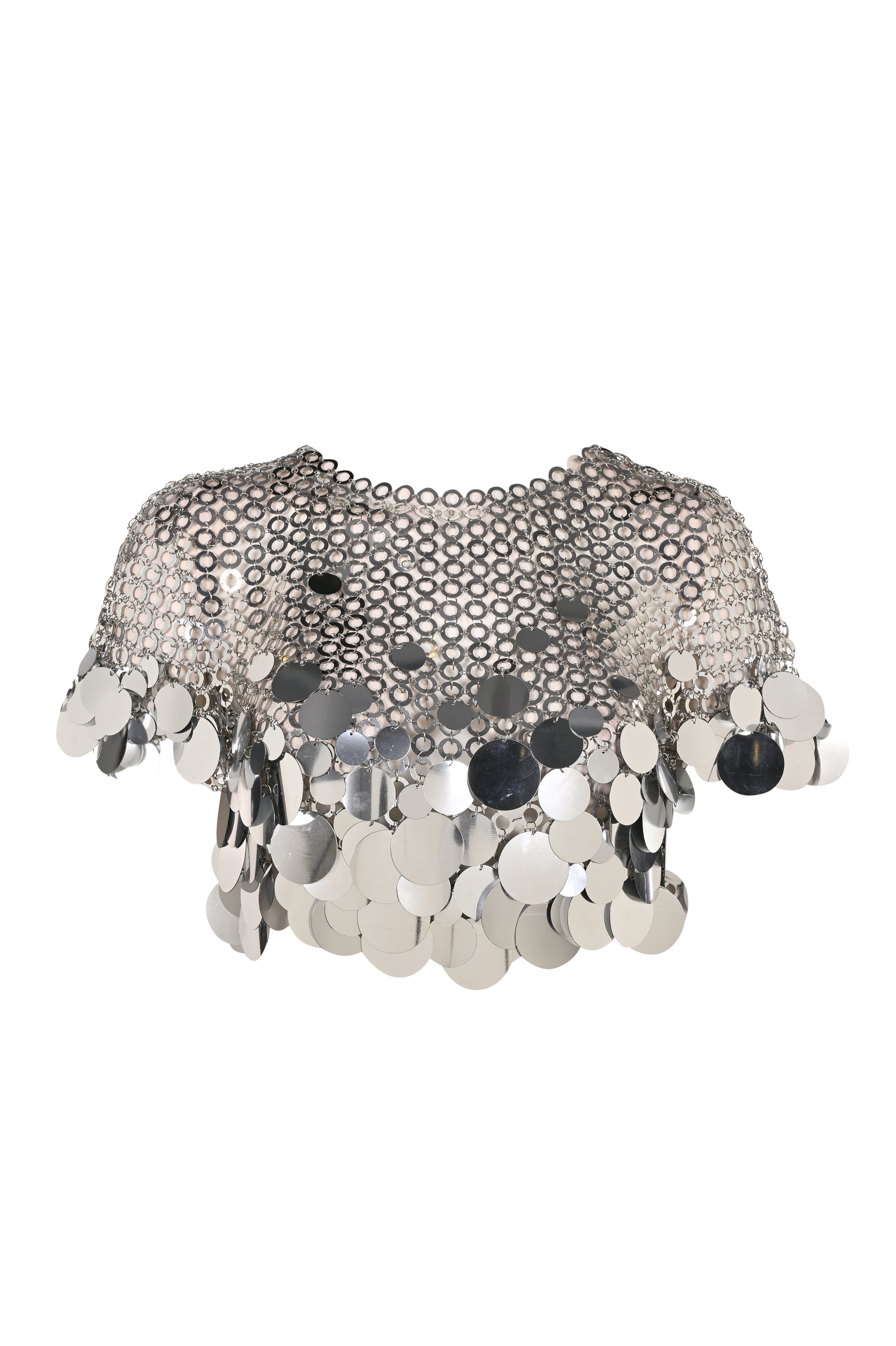 Parlak metal disk süslemeli zincir detaylı metal crop top