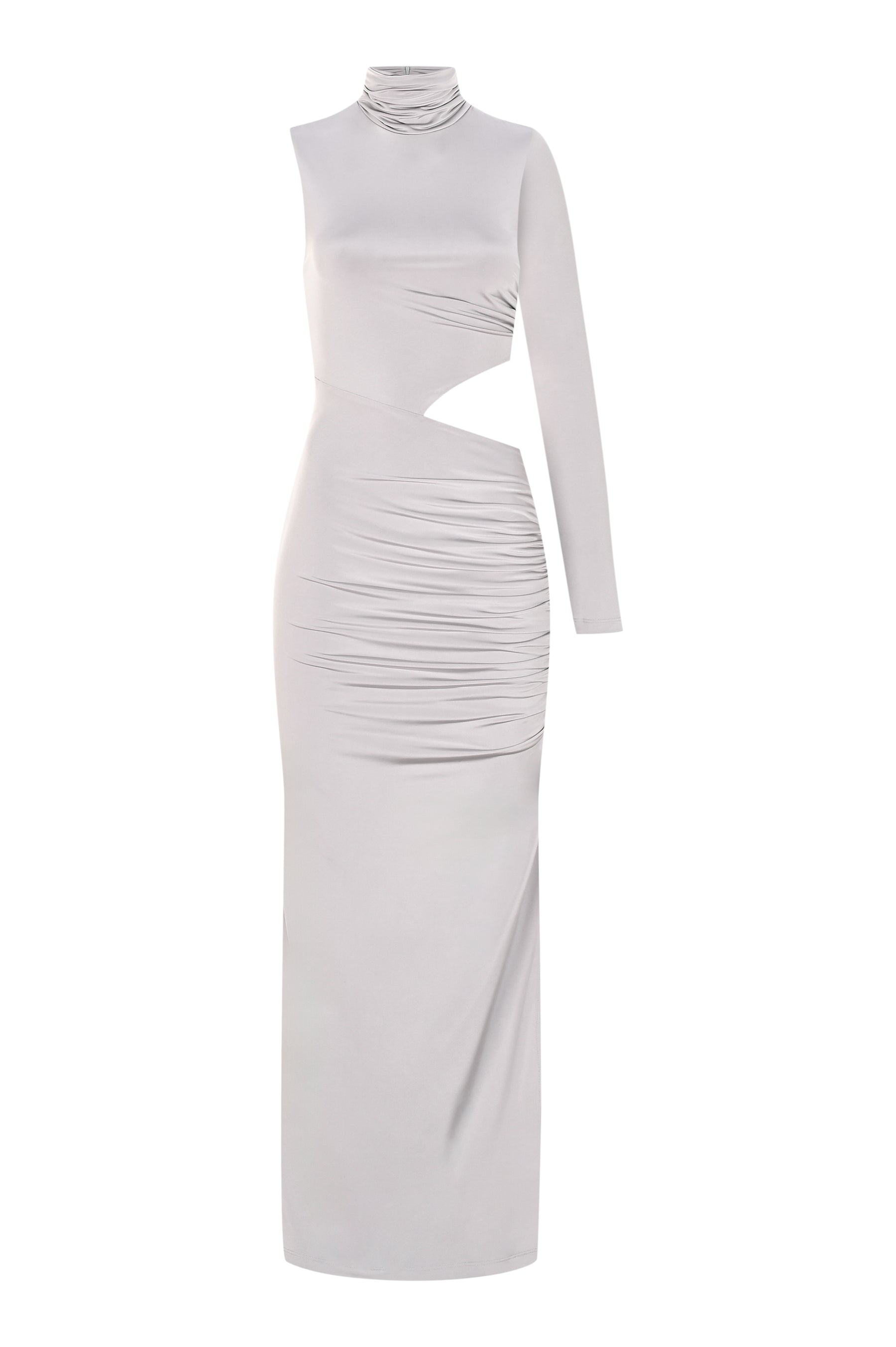 İnci yüksek yaka uzun kollu cut-out detaylı yırtmaçlı maxi elbise