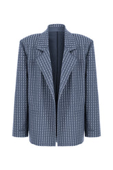 Khela işlemeli oversize mavi blazer ceket