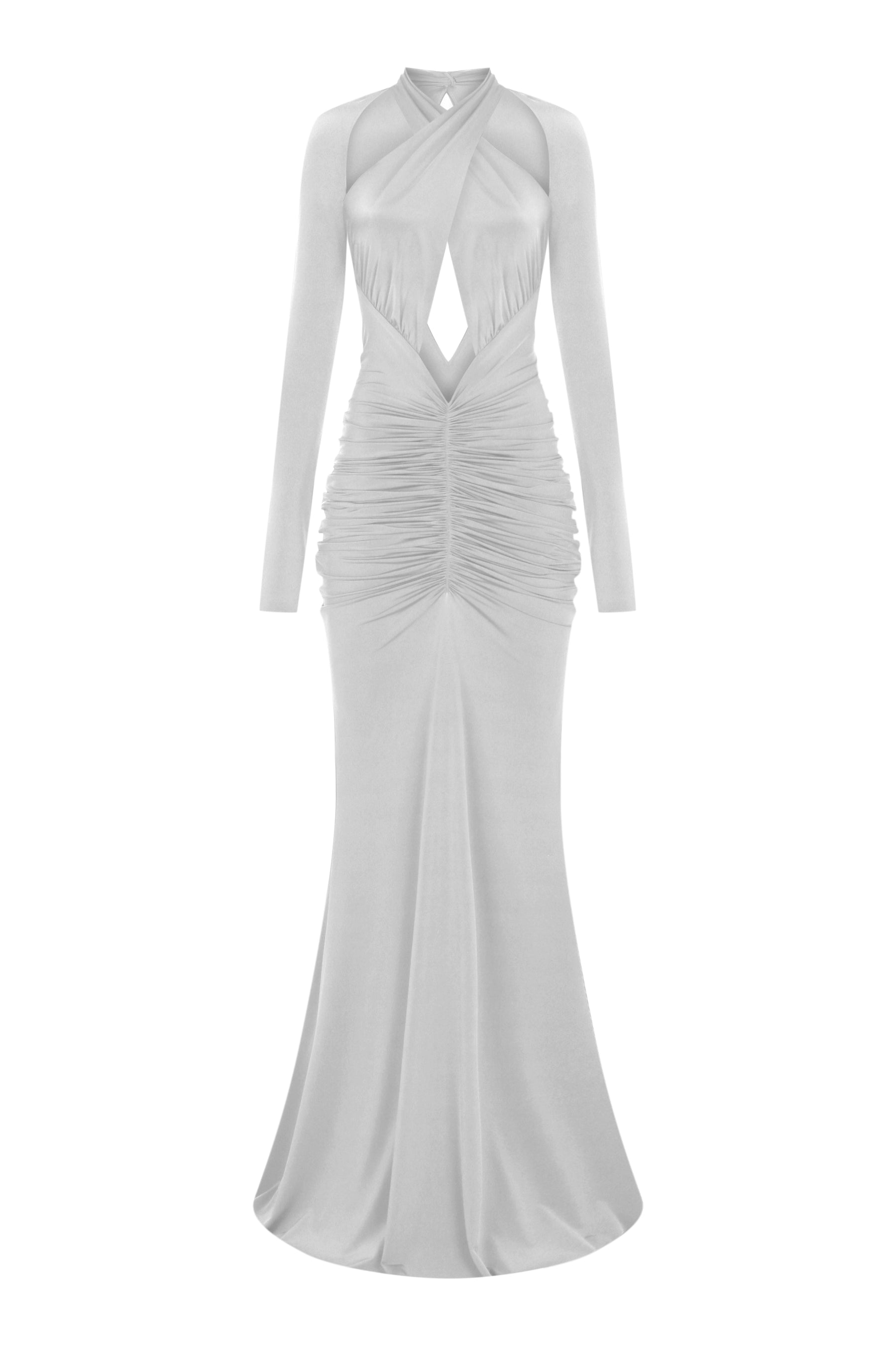 İnci uzun kollu çapraz askılı cut-out detaylı drapeli maxi elbise