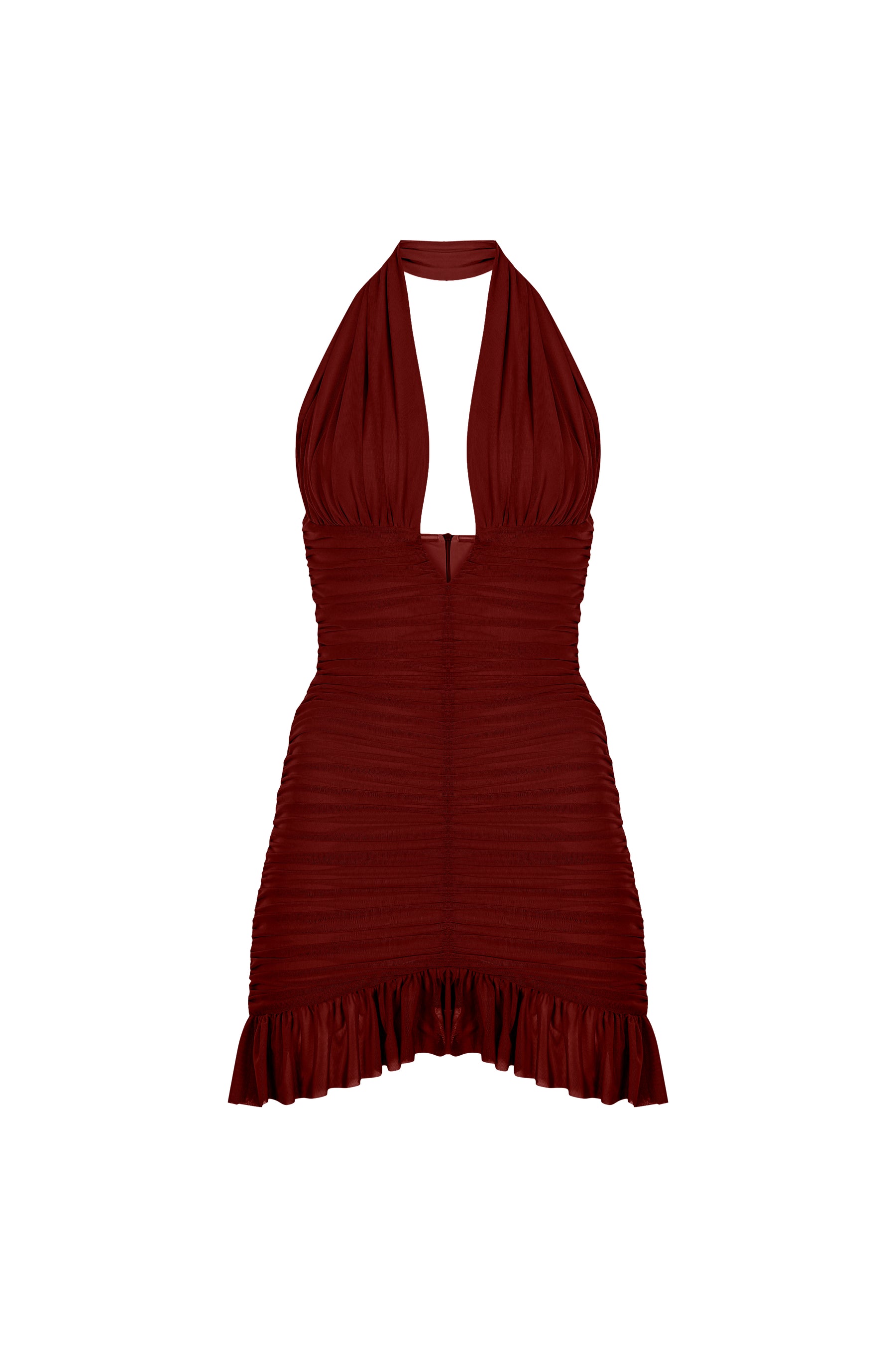 Bordo çıkarılabilir tül detaylı drapeli mini elbise