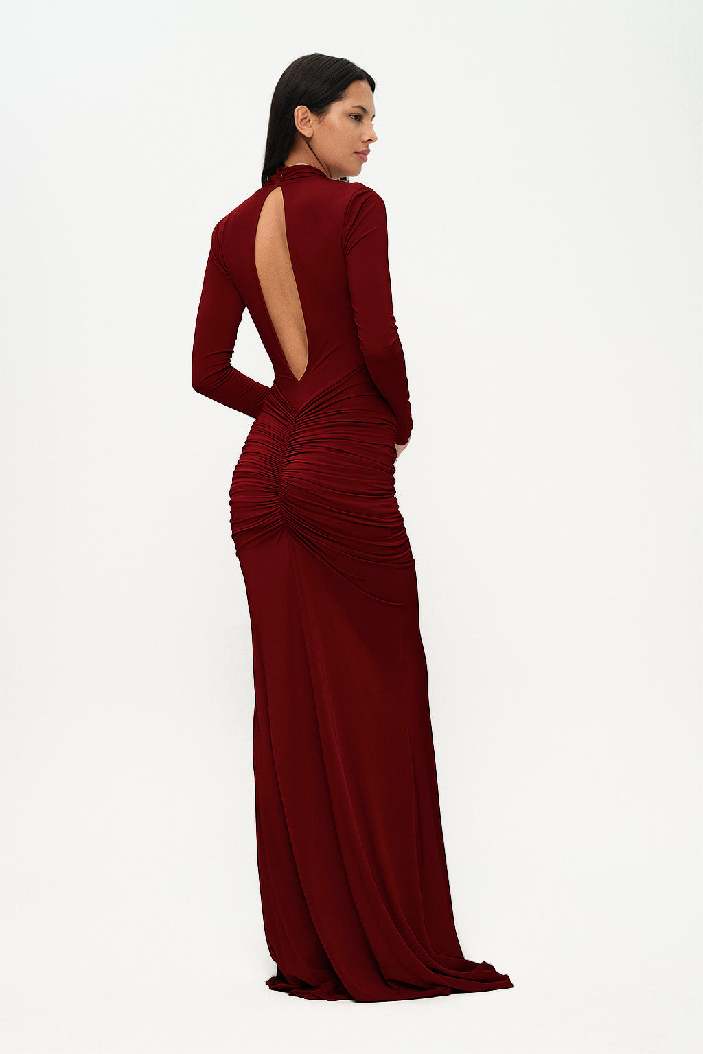 Bordo uzun kollu çapraz askılı cut-out detaylı drapeli maxi elbise