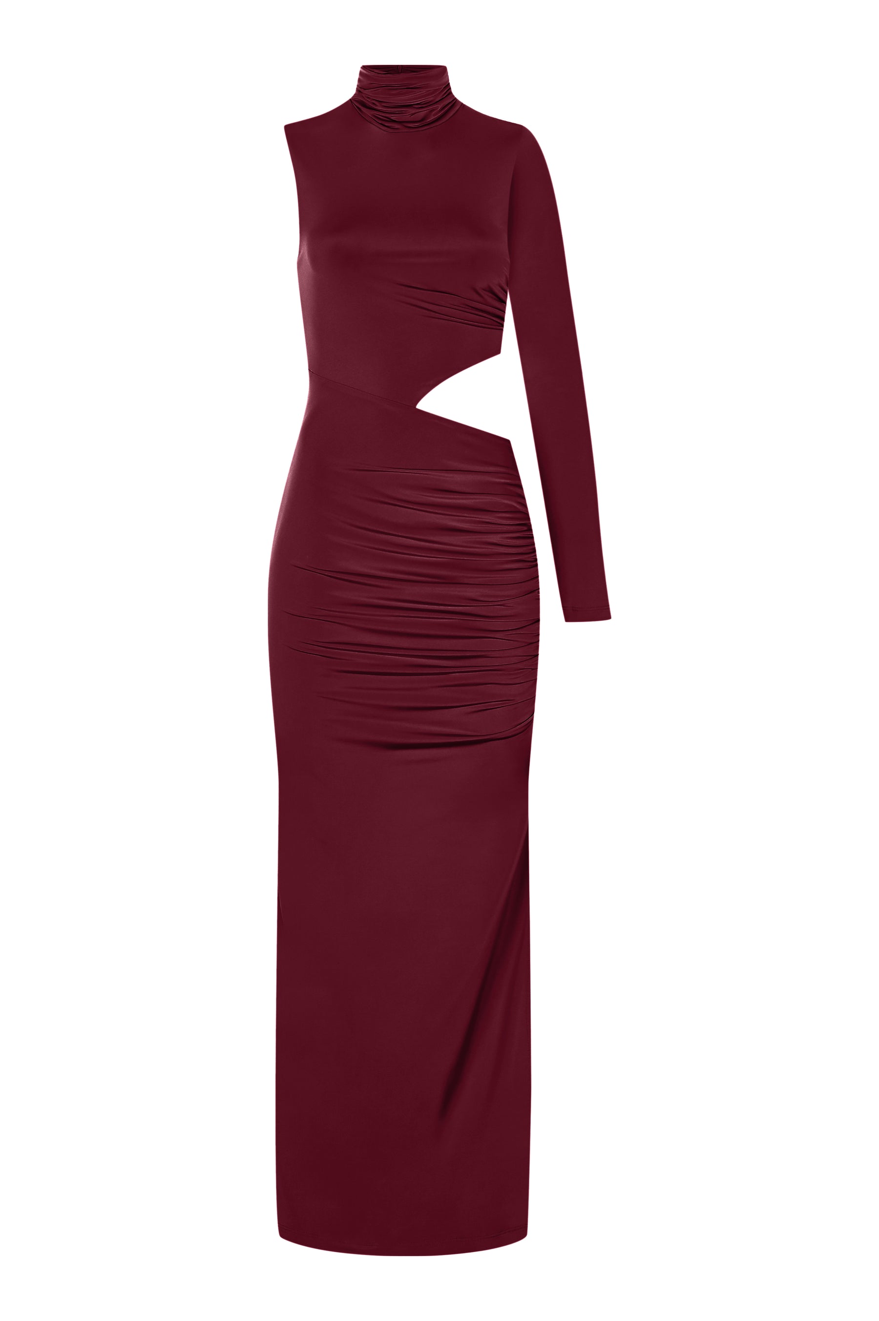 Bordo yüksek yaka uzun kollu cut-out detaylı yırtmaçlı maxi elbise