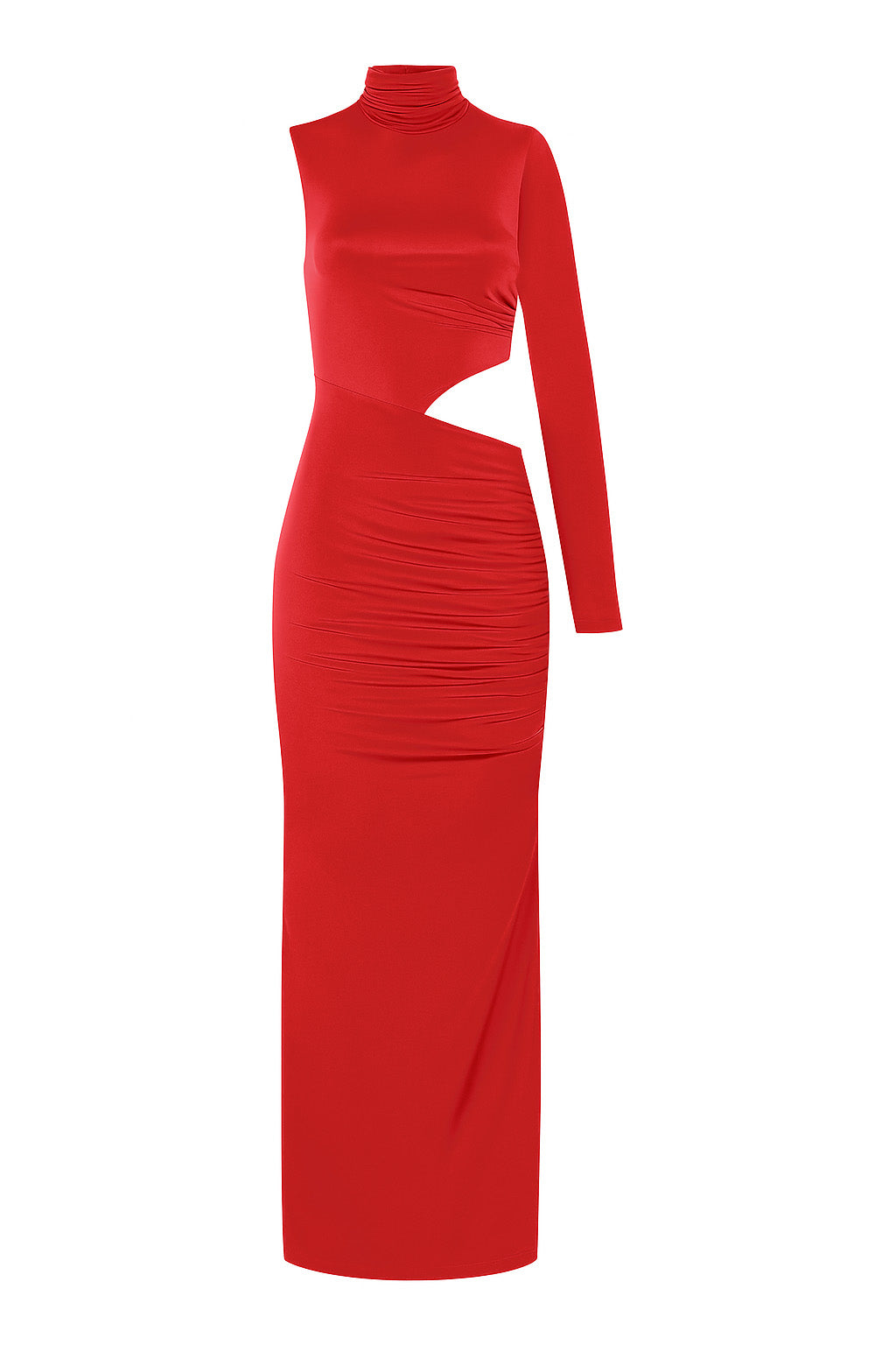 Kırmızı yüksek yaka uzun kollu cut-out detaylı yırtmaçlı maxi elbise