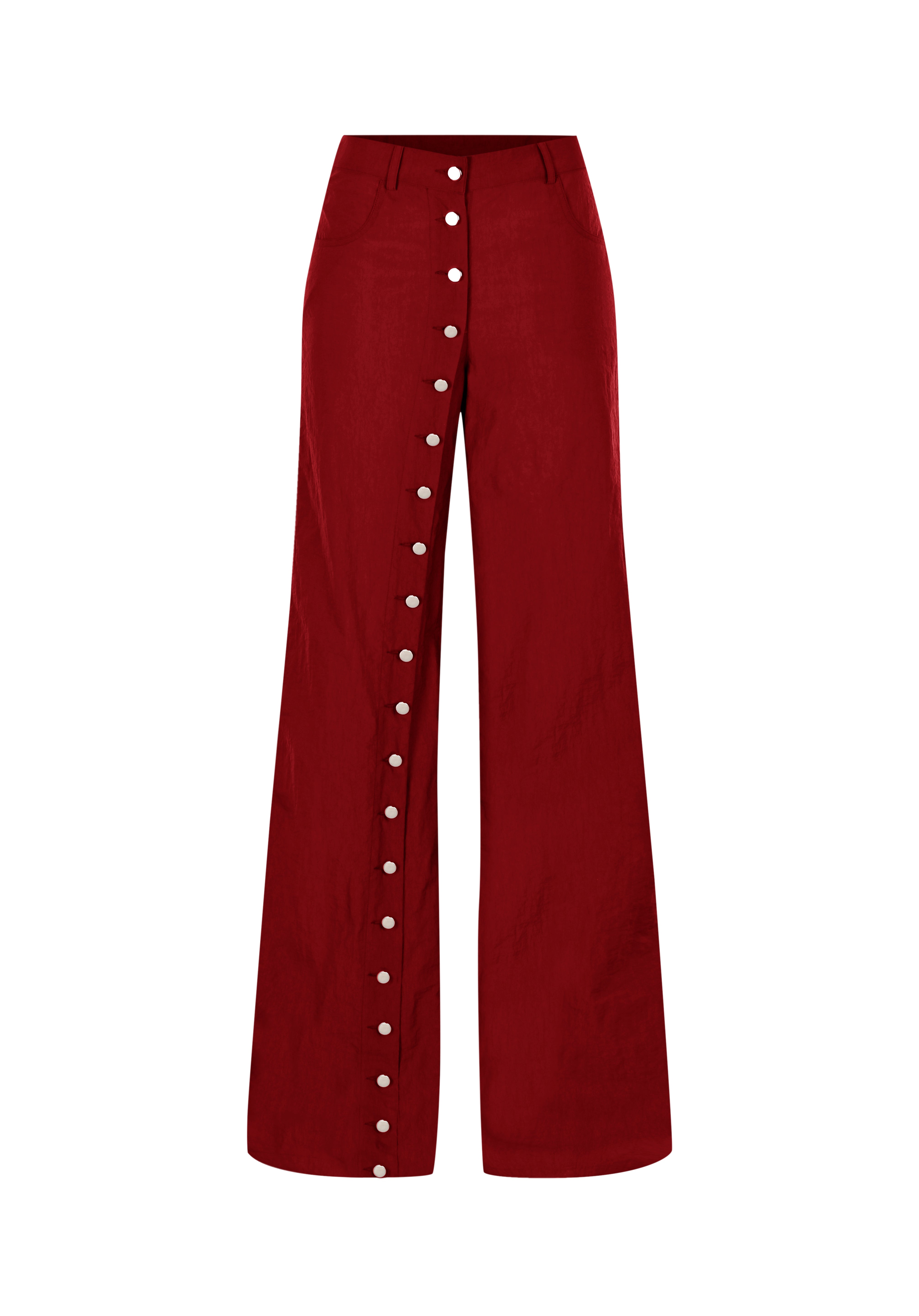 Bordo metal düğmeli yırtmaçlı bol pantolon