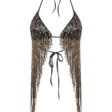 Chrome rengi boncuklu halter yaka top