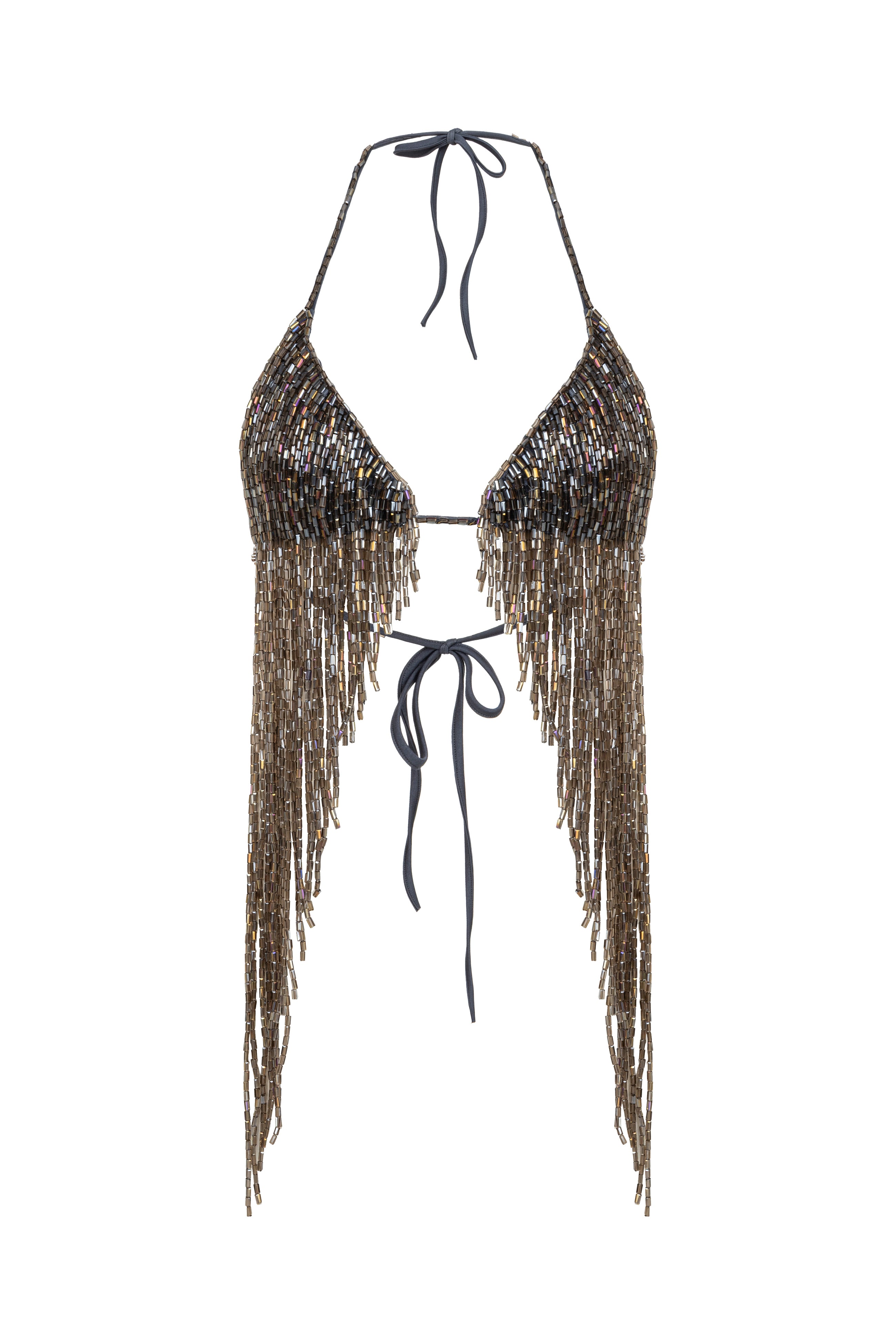 Chrome rengi boncuklu halter yaka top