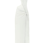 Beyaz asimetrik kesim düğüm detaylı derin yırtmaçlı plaj elbisesi