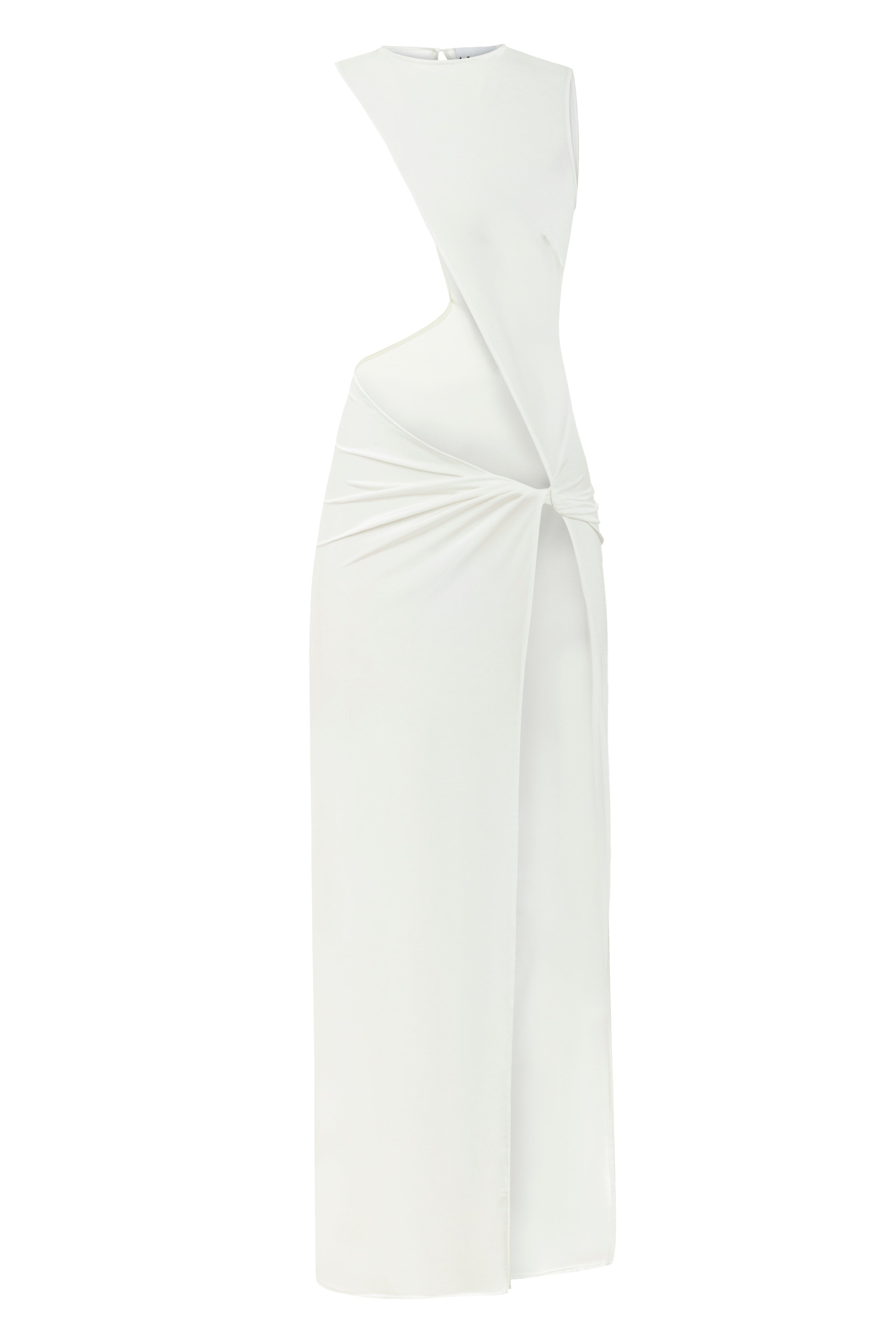 Beyaz asimetrik kesim düğüm detaylı derin yırtmaçlı plaj elbisesi