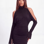 Khela Love Me Not Dress yüksek yakalı omuzları açık uzun flare kollu kadın elbise