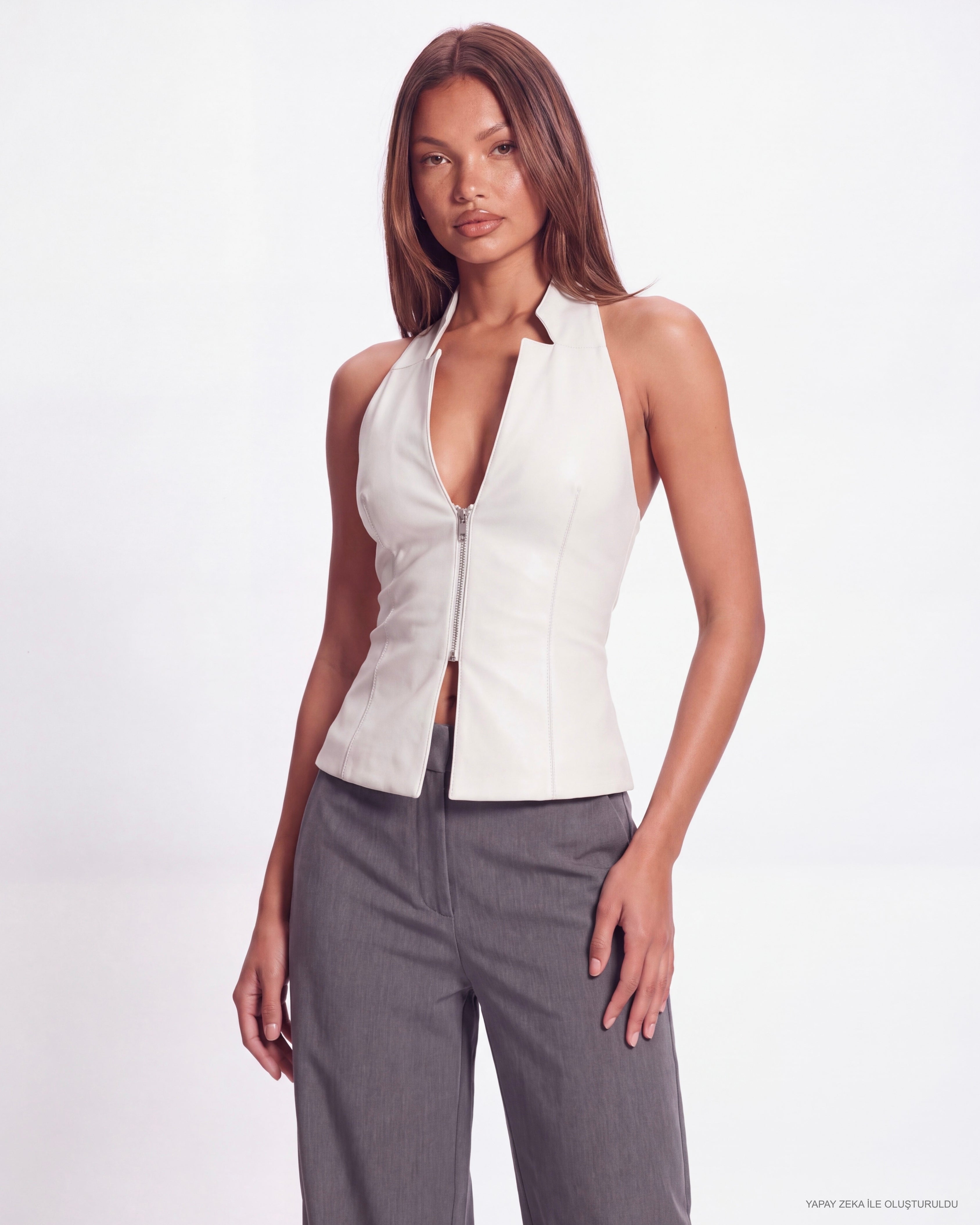 Khela Hard To Get Vest halter yaka derin V dekolteli önden metal fermuarlı deri kadın yelek