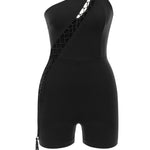 Khela tek kol göğüs dekolteli siyah mini bodysuit 