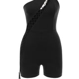 Khela tek kol göğüs dekolteli siyah mini bodysuit 