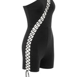 Khela tek kol göğüs dekolteli siyah mini bodysuit 