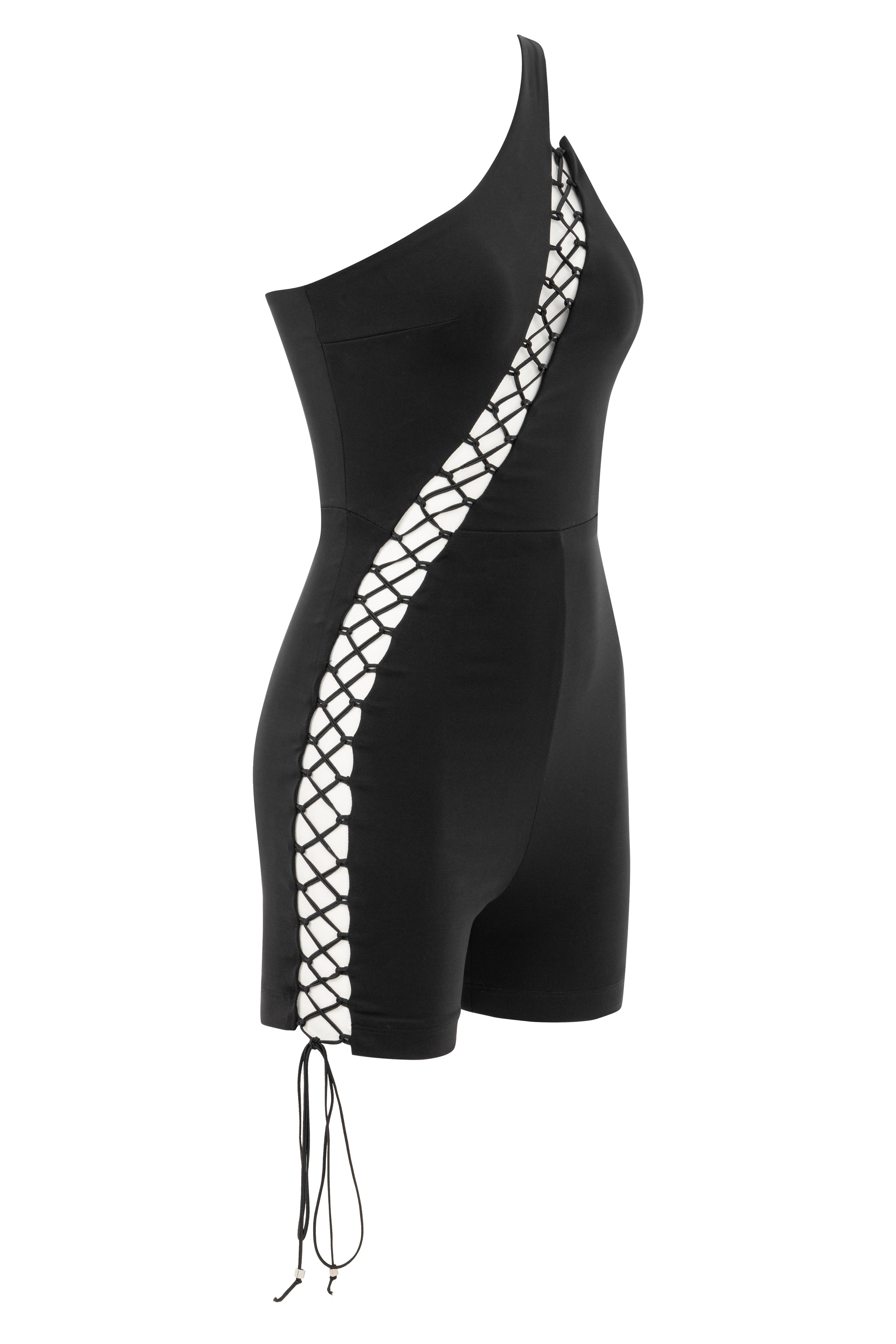 Khela tek kol göğüs dekolteli siyah mini bodysuit 