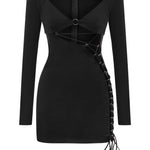 Khela dik yaka uzun kol göğüs dekolteli cutout mini elbise