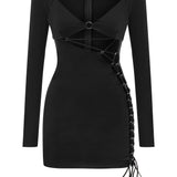 Khela dik yaka uzun kol göğüs dekolteli cutout mini elbise
