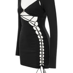 Khela dik yaka uzun kol göğüs dekolteli cutout mini elbise