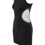 Khela siyah kolsuz bel dekolteli bağlama detaylı mini elbise