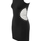 Khela siyah kolsuz bel dekolteli bağlama detaylı mini elbise