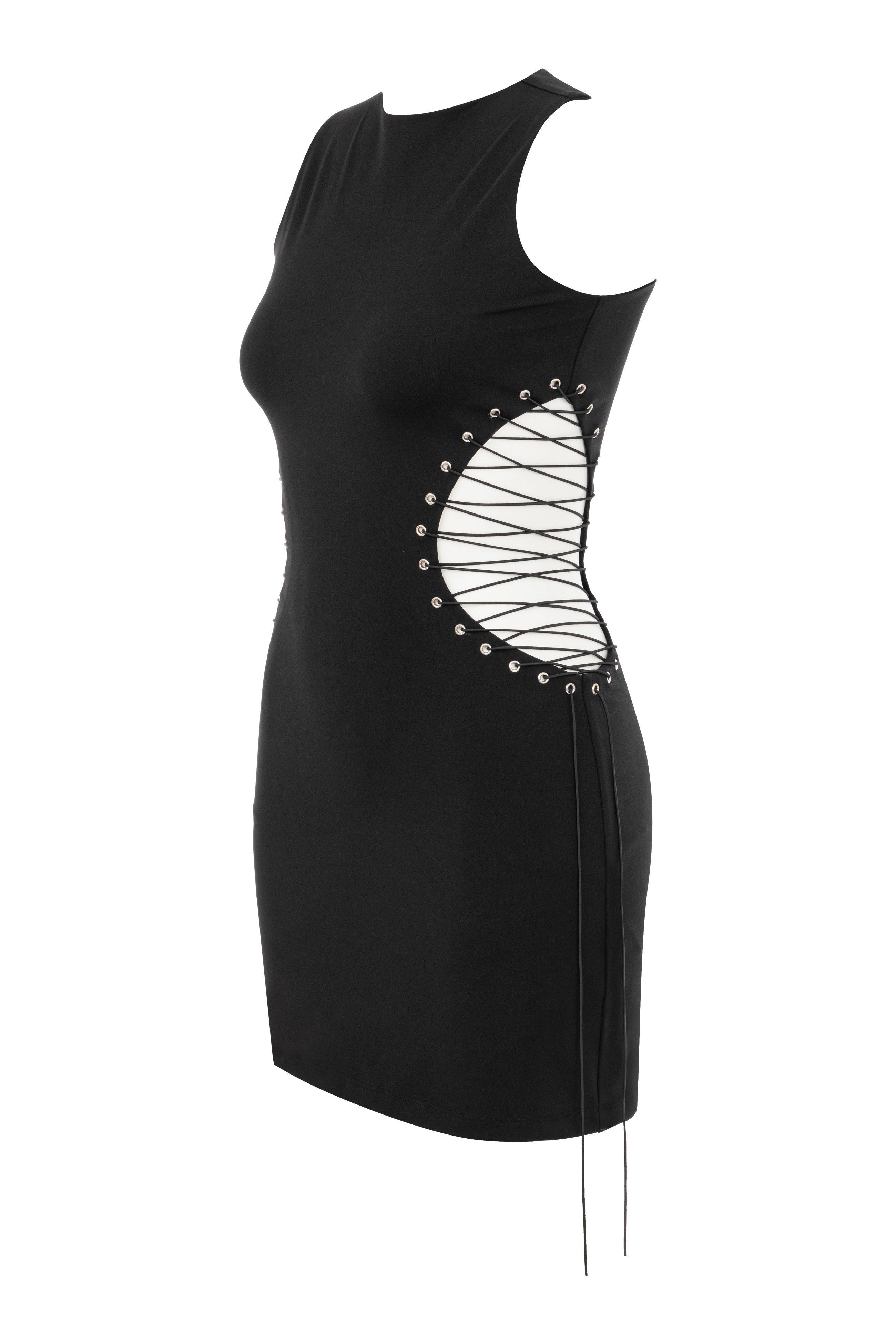 Khela siyah kolsuz bel dekolteli bağlama detaylı mini elbise