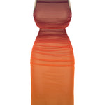 Khela turuncu gradyan baskı dik yaka kolsuz drape detaylı midi elbise