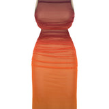 Khela turuncu gradyan baskı dik yaka kolsuz drape detaylı midi elbise