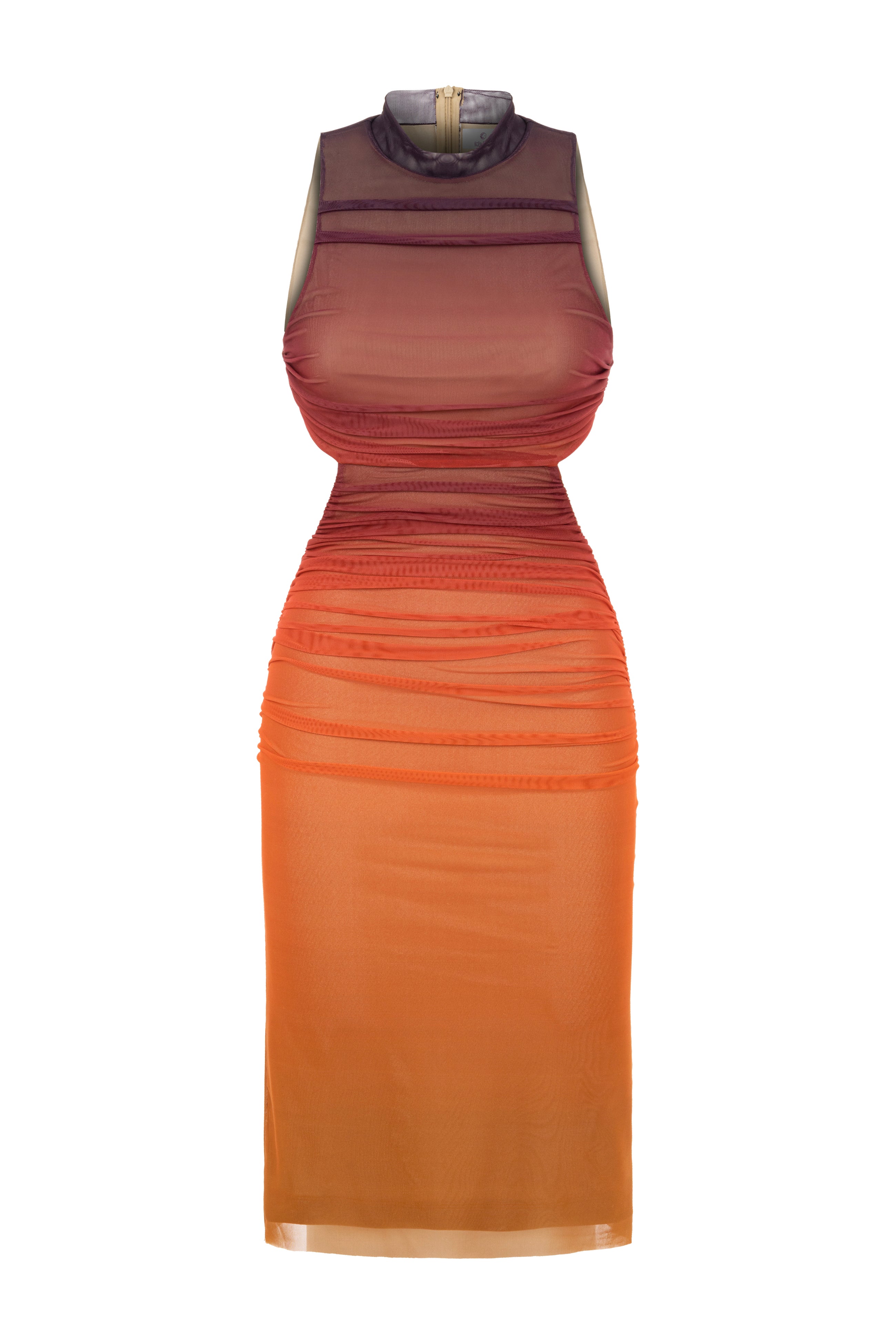 Khela turuncu gradyan baskı dik yaka kolsuz drape detaylı midi elbise