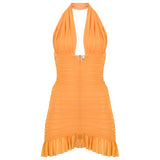 Turuncu çıkarılabilir tül detaylı drapeli mini elbise