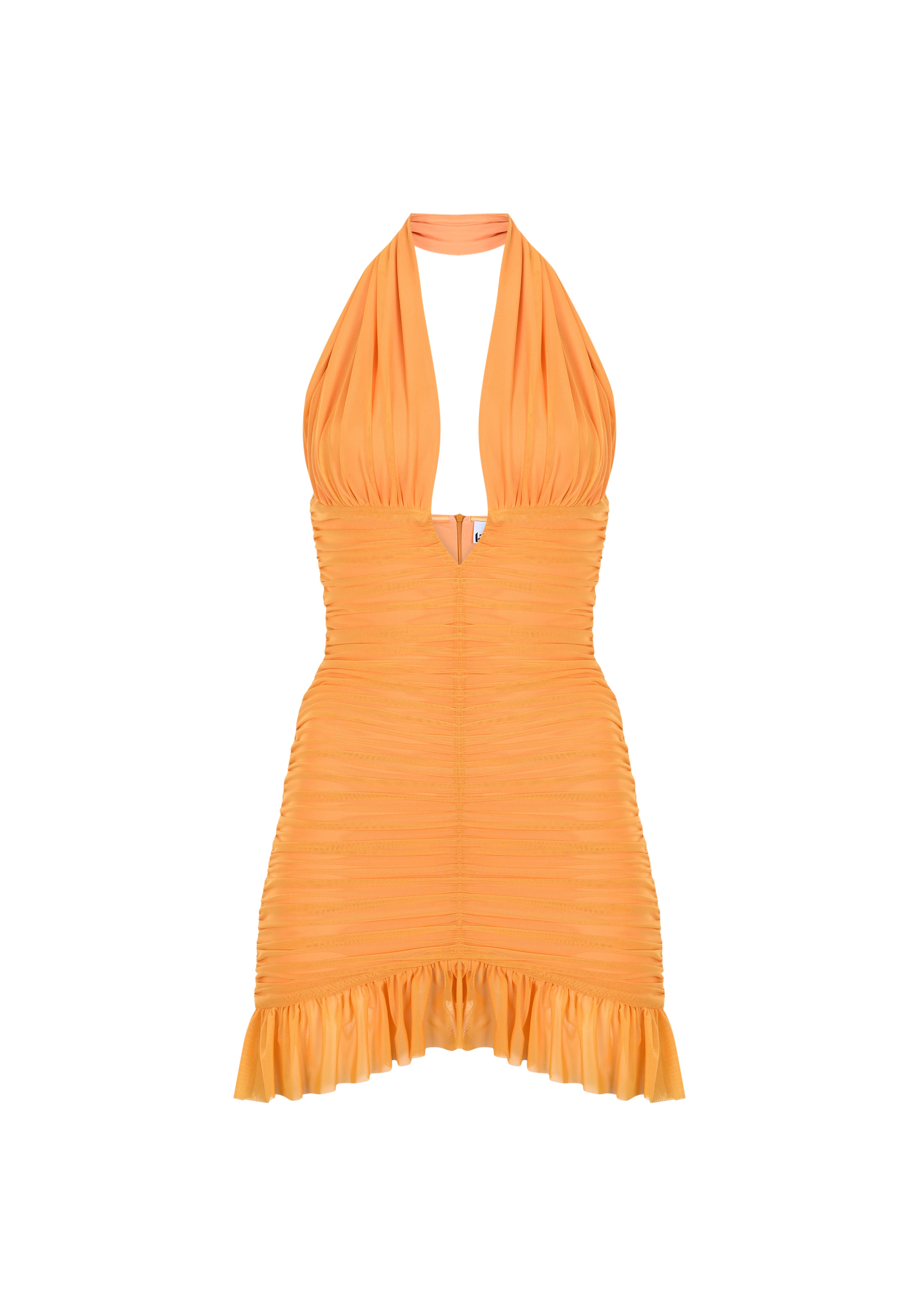 Turuncu çıkarılabilir tül detaylı drapeli mini elbise