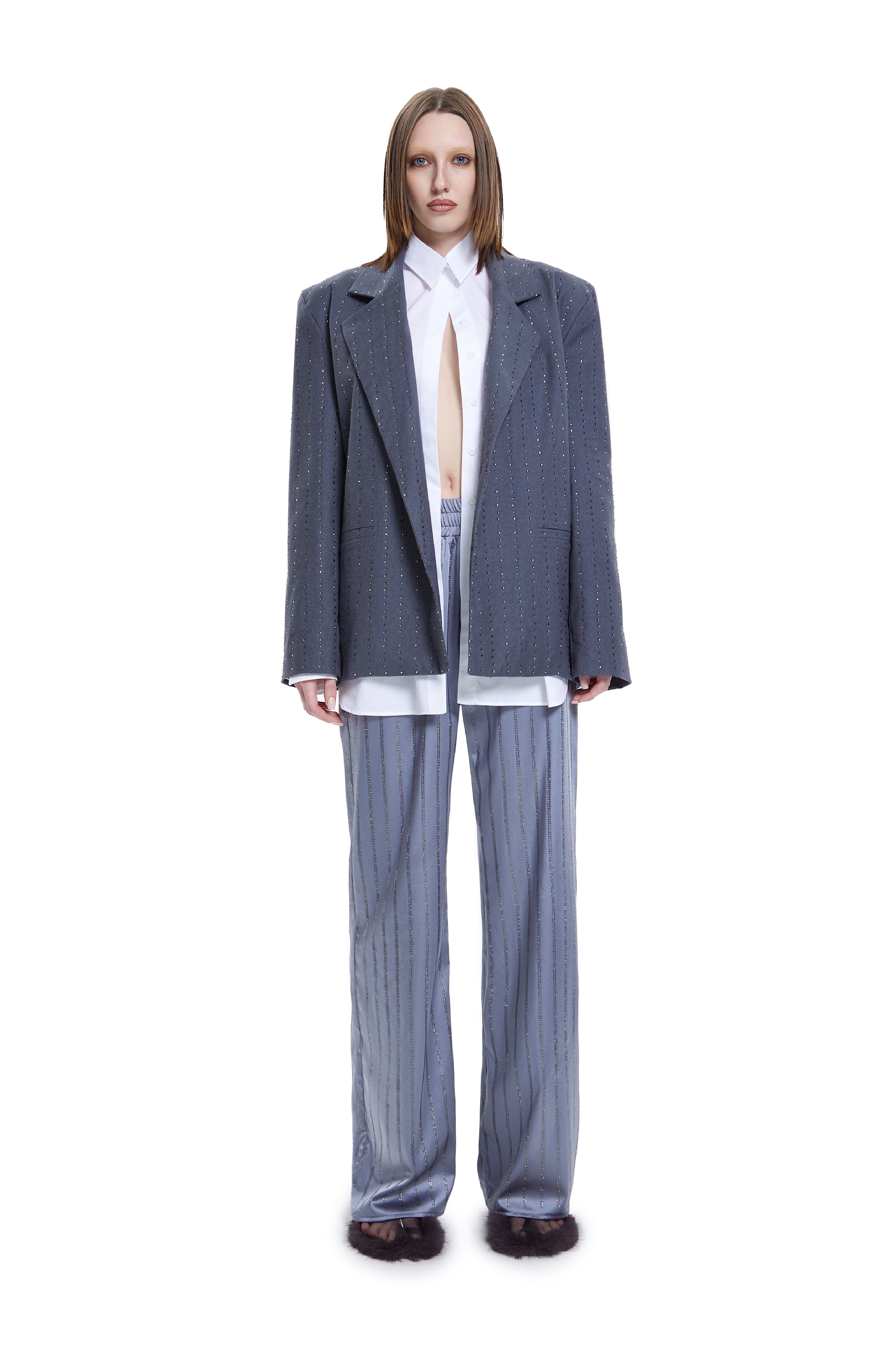 Khela işlemeli oversize mavi blazer ceket