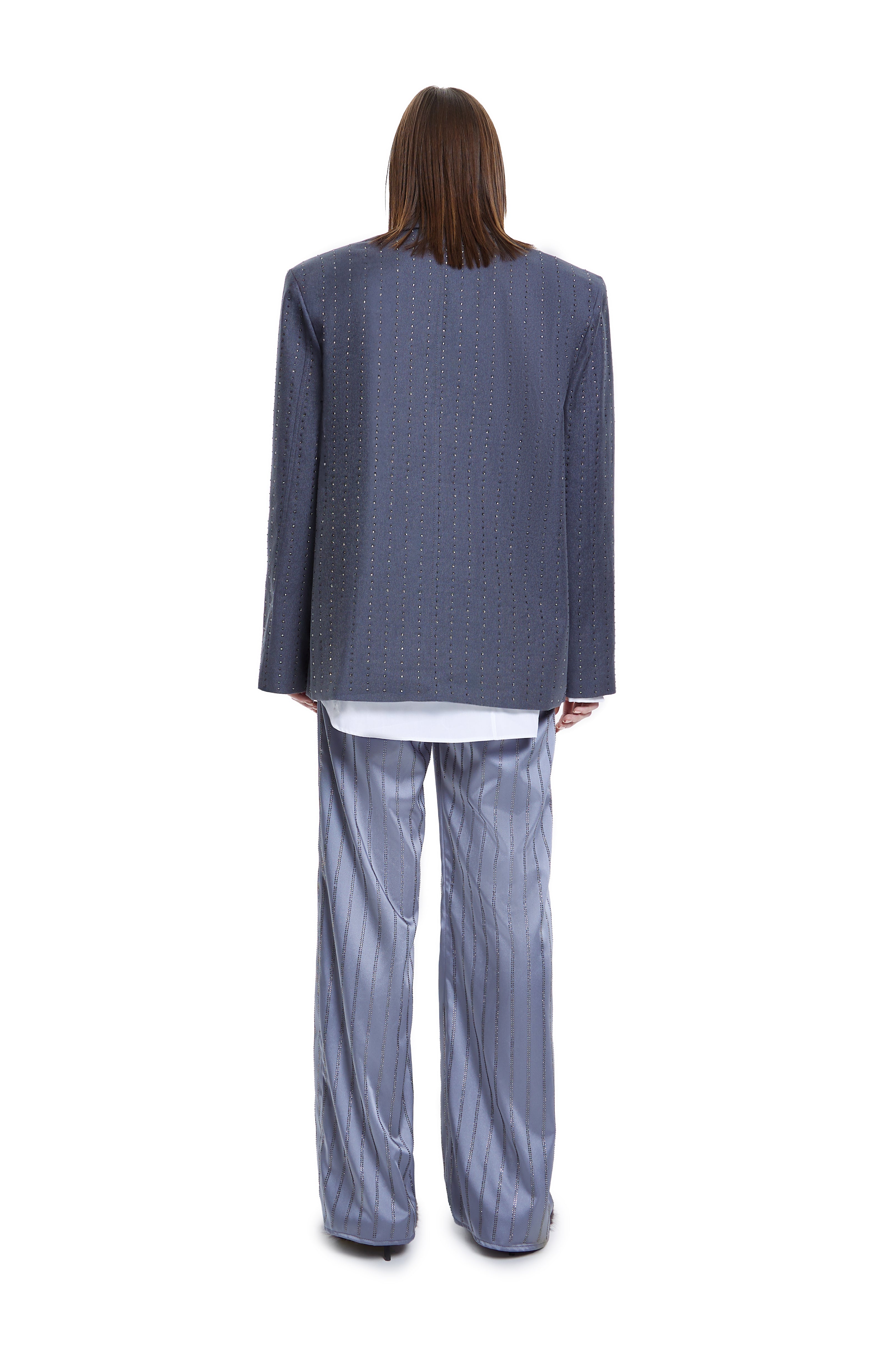 Khela işlemeli oversize mavi blazer ceket