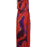 Çiçek desen bağcıklı derin yırtmaçlı plaj elbisesi