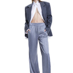 Khela işlemeli oversize mavi blazer ceket