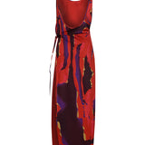 Çiçek desen bağcıklı derin yırtmaçlı plaj elbisesi