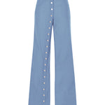 Mavi metal düğmeli yırtmaçlı bol pantolon