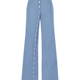 Mavi metal düğmeli yırtmaçlı bol pantolon