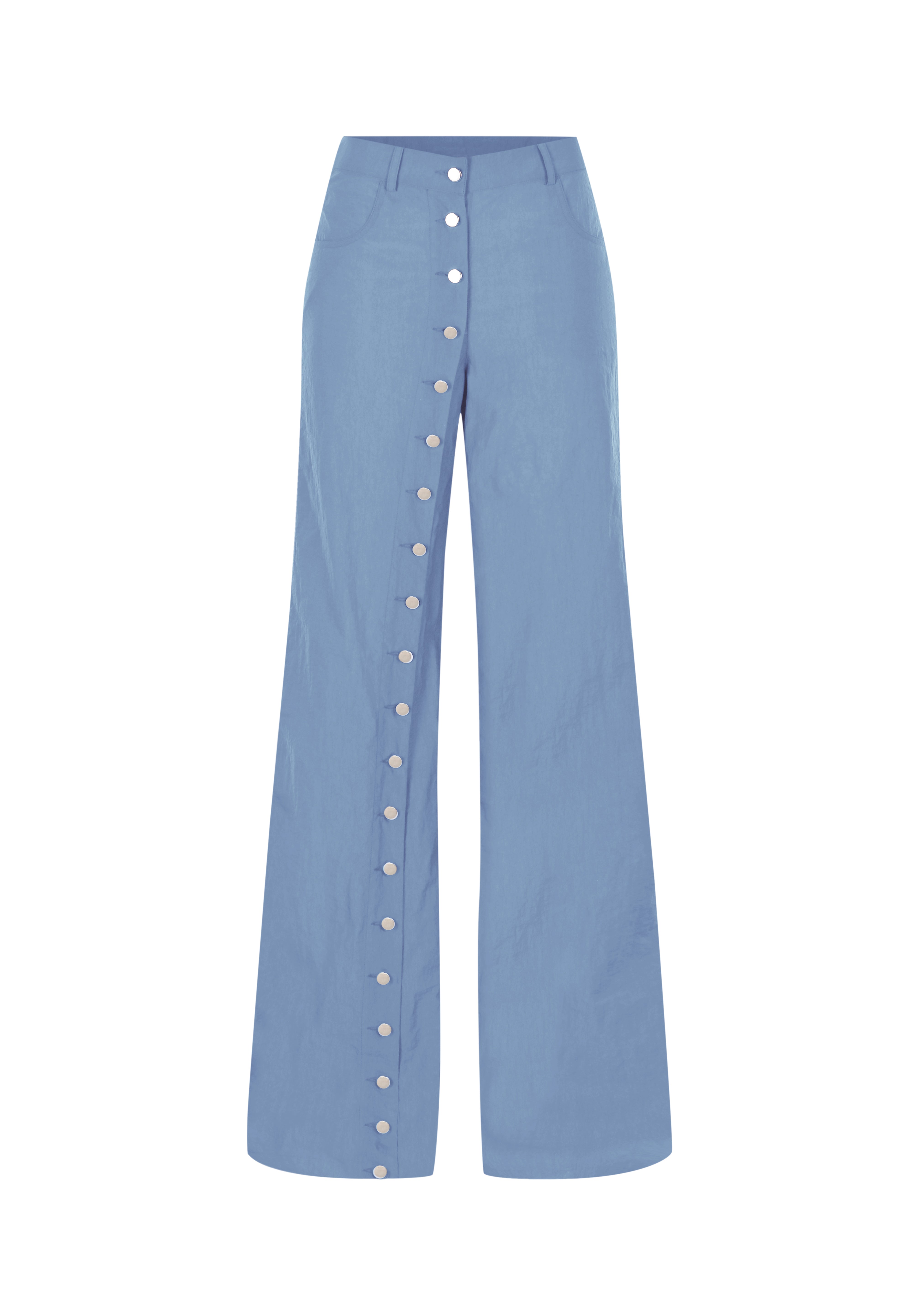 Mavi metal düğmeli yırtmaçlı bol pantolon