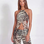 Zebra desenli , çapraz katmanlı halter yaka tül top, sırtı açık