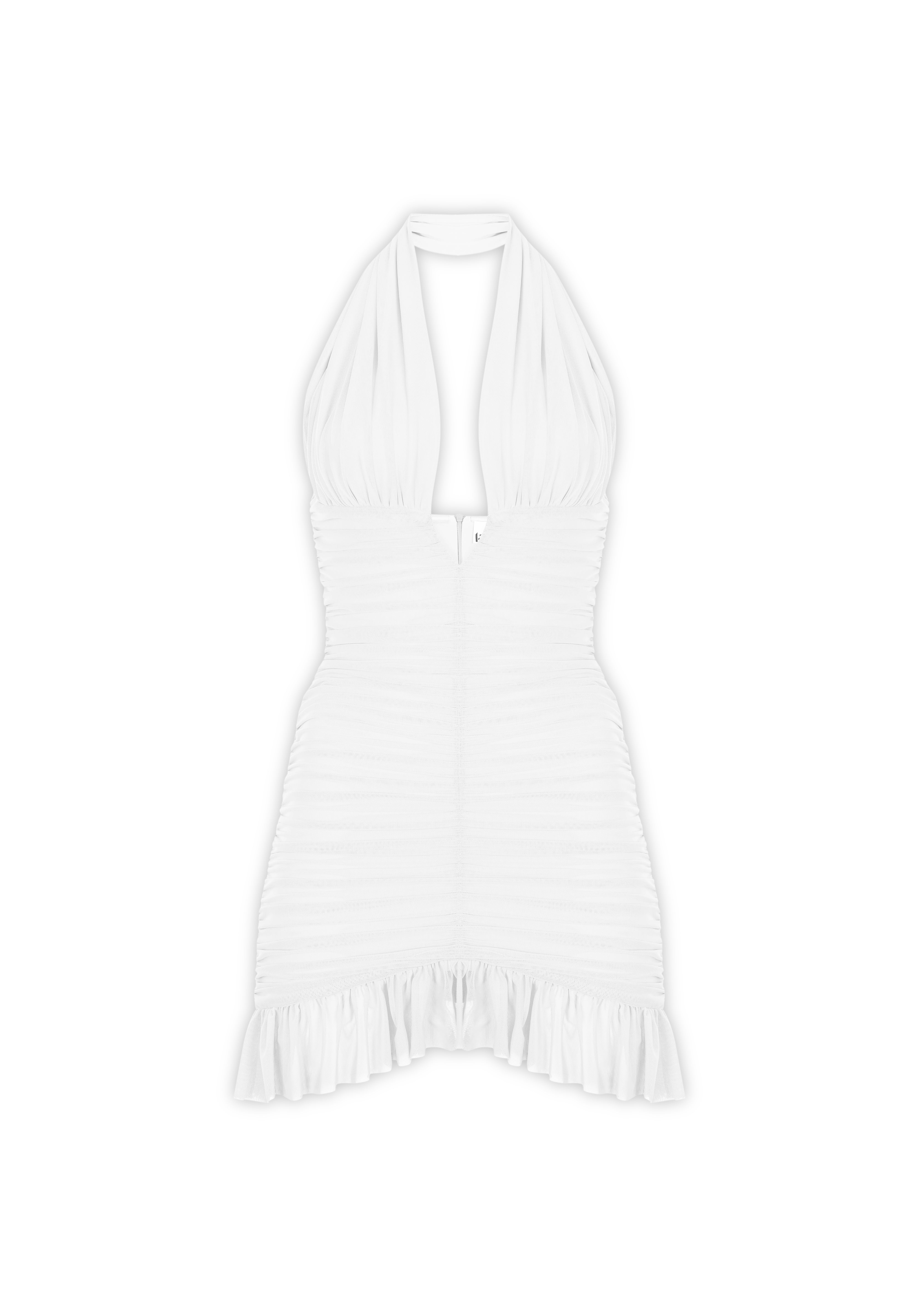 Beyaz çıkarılabilir tül detaylı drapeli mini elbise