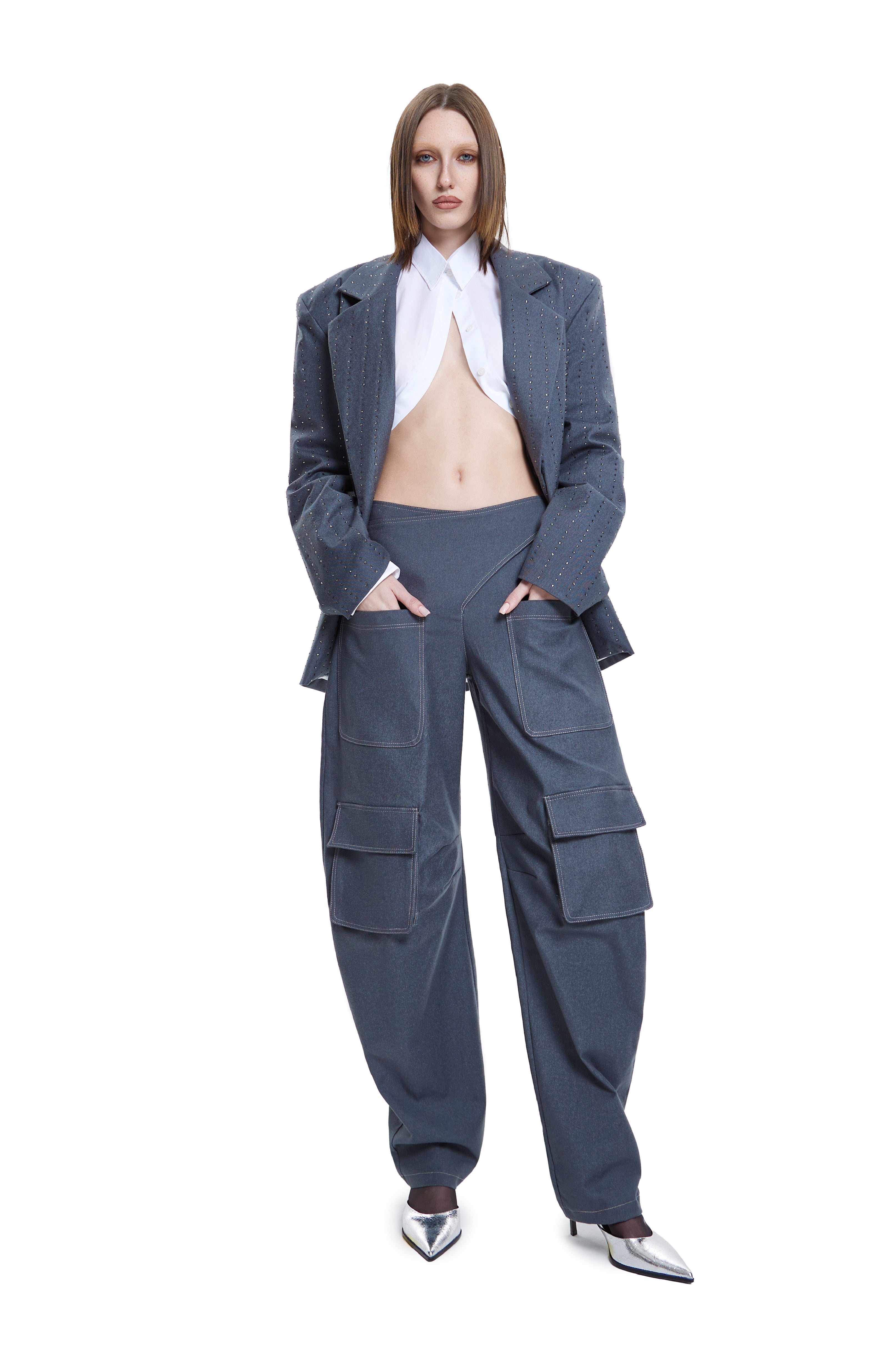 Khela mavi cutout detaylı geniş paça tasarımlı rahat kalıp pantolon