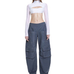 Khela mavi cutout detaylı geniş paça tasarımlı rahat kalıp pantolon