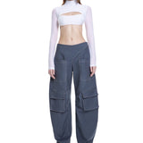 Khela mavi cutout detaylı geniş paça tasarımlı rahat kalıp pantolon