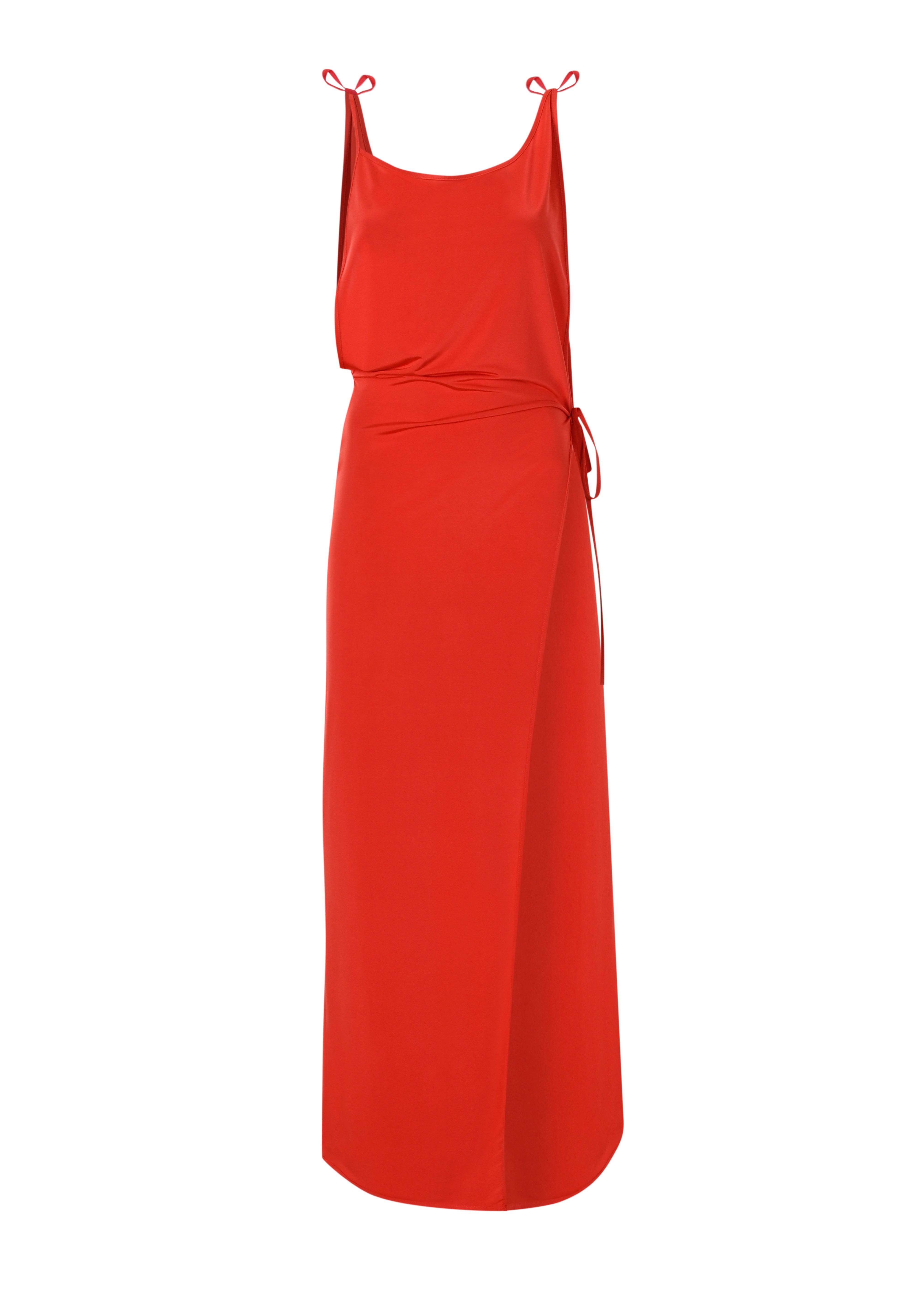 Kırmızı bağcıklı derin yırtmaçlı plaj elbisesi