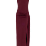 Bordo yüksek yaka kolsuz drapeli yırtmaçlı maxi elbise