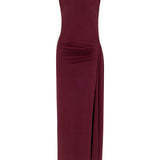 Bordo yüksek yaka kolsuz drapeli yırtmaçlı maxi elbise