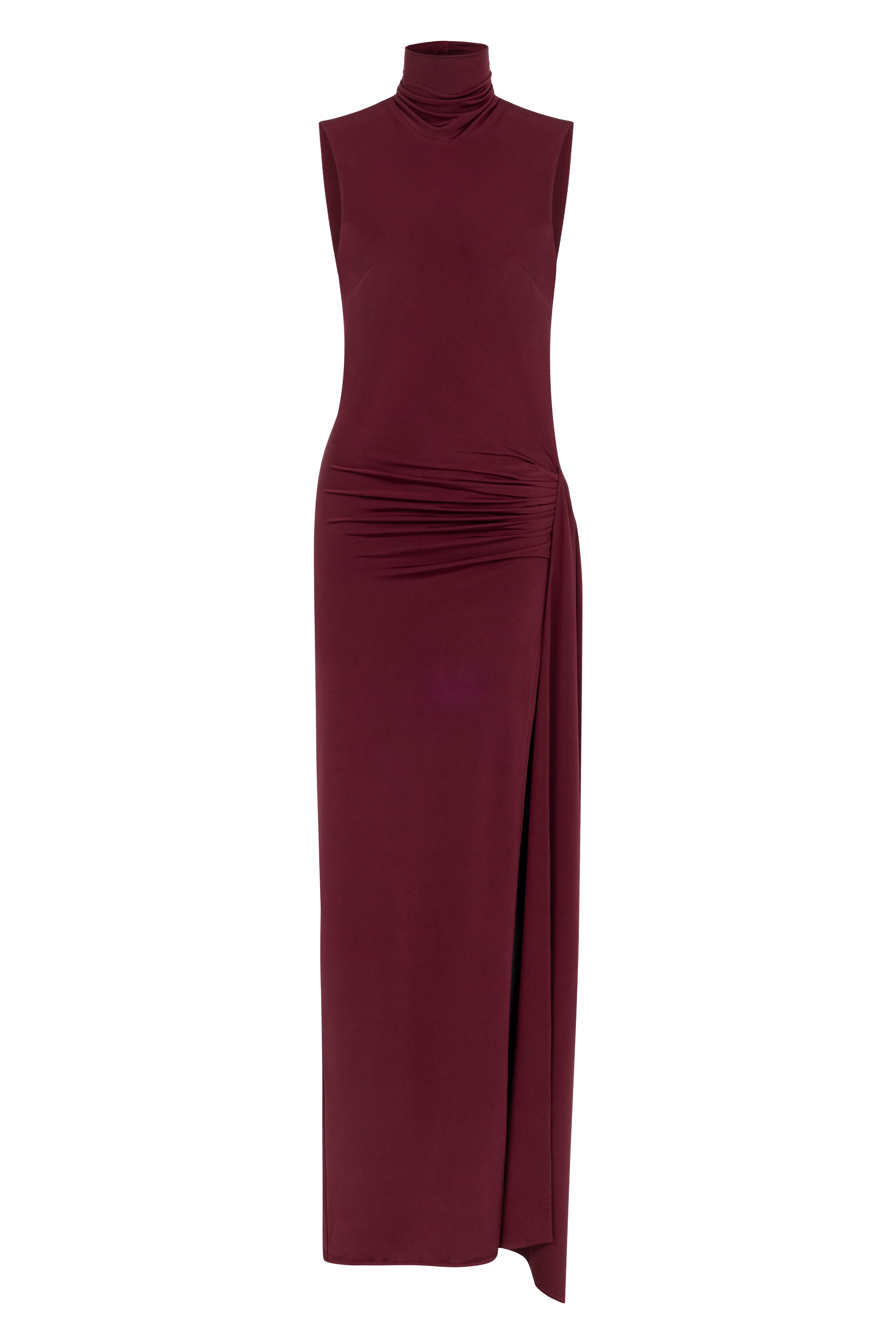 Bordo yüksek yaka kolsuz drapeli yırtmaçlı maxi elbise