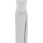 İnci yüksek yaka kolsuz drapeli yırtmaçlı maxi elbise