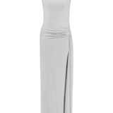 İnci yüksek yaka kolsuz drapeli yırtmaçlı maxi elbise